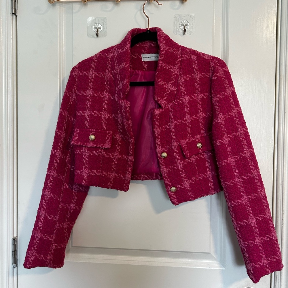 Women's Pink Houndstooth Blazer Jacket